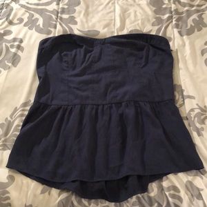 Navy strapless top, flowey bottom!